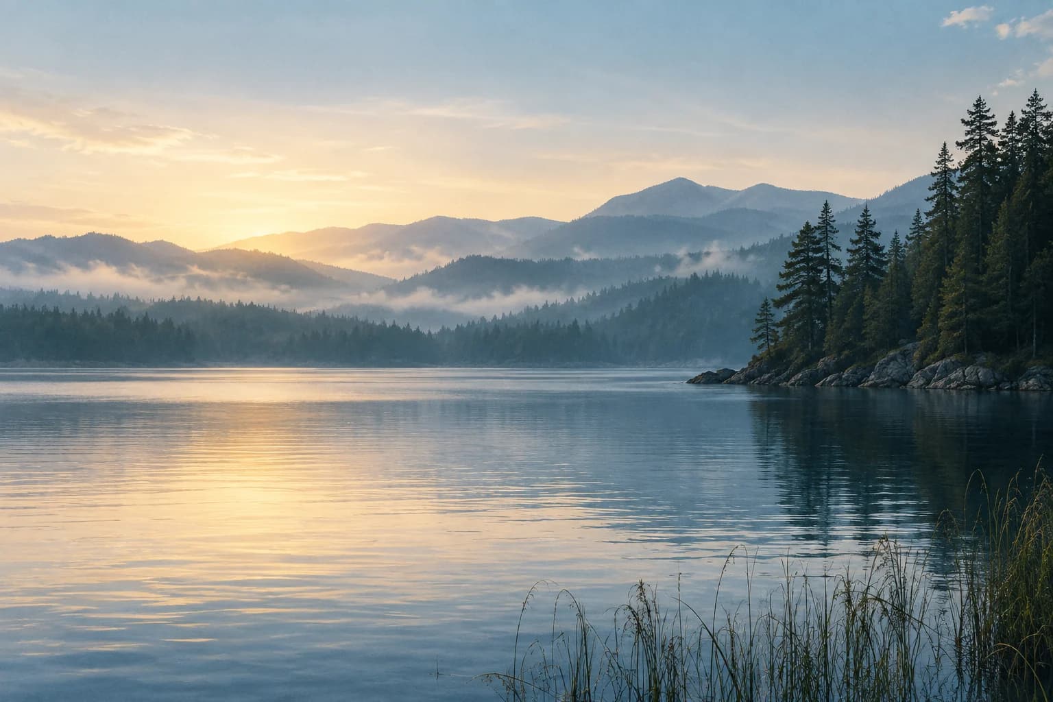Morning light resting on a still lake beneath misty, pine-covered hills.